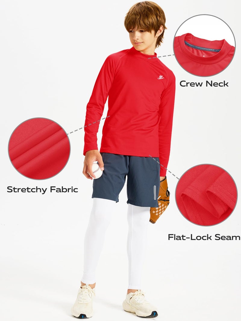 DEVOROPA Youth Boys Compression Thermal Shirts Long Sleeve Undershirt Fleece Baselayer Mock Top Red L - Image 5